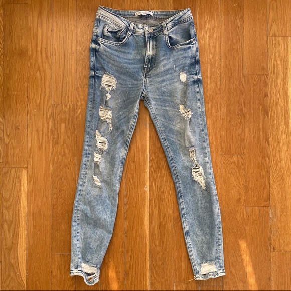 Zara Distressed Mid Rise Skinny Jeans Sz 2